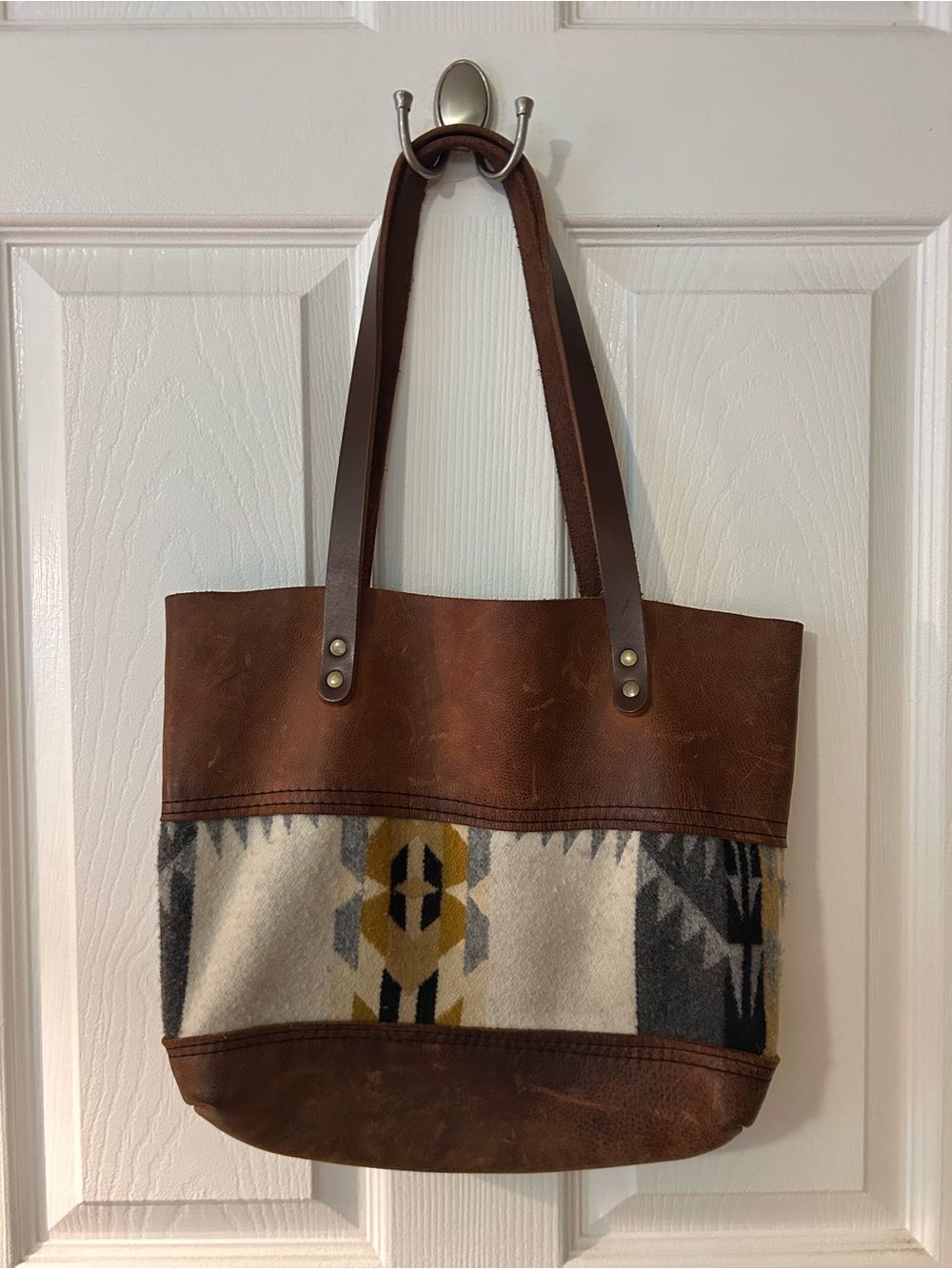 Brown Leather & Patterned Canvas Tote Bag